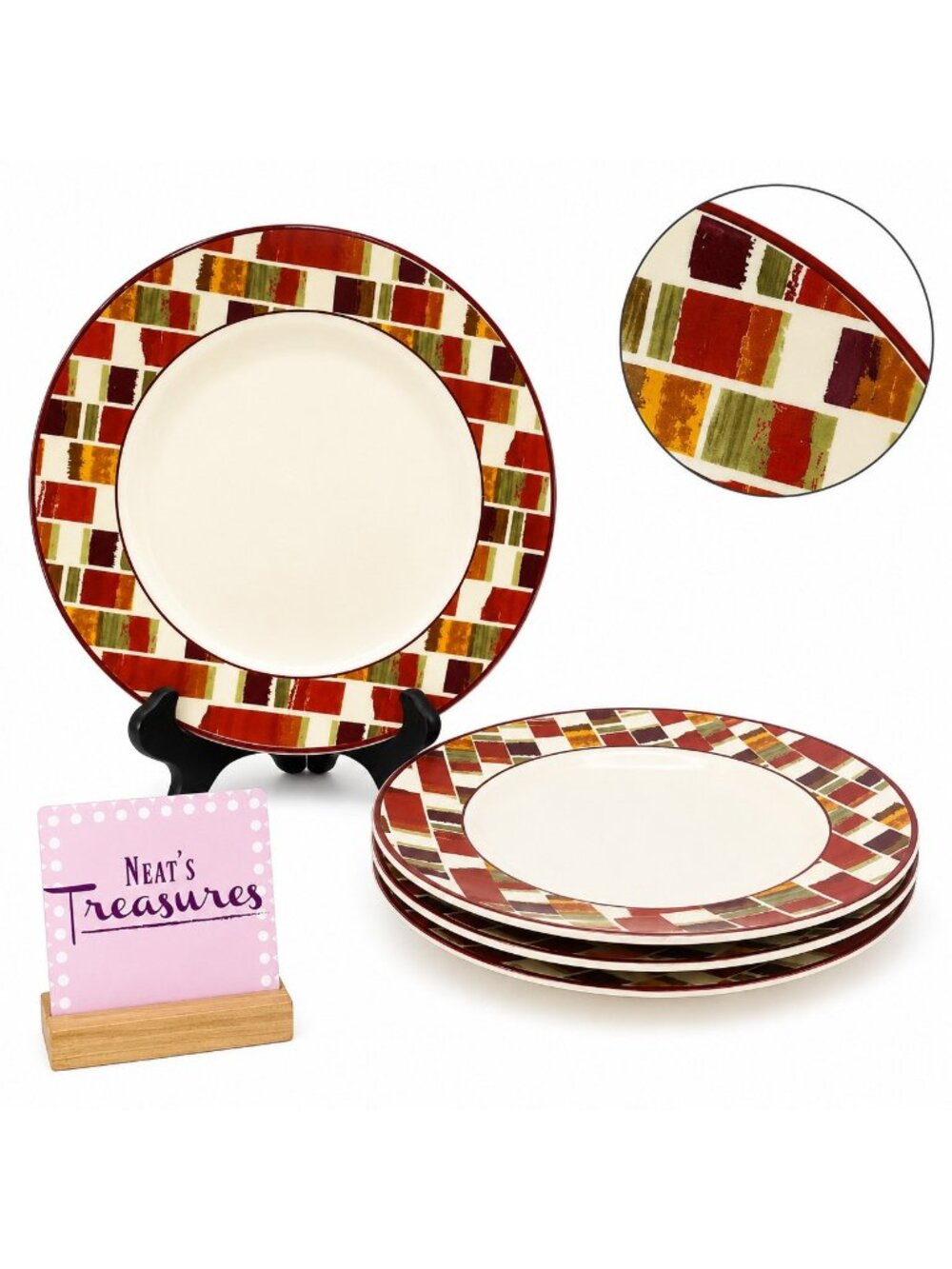 Gorham Emeril JULIA STREET Lagassee Red Band Blocks Stoneware Salad Plates Set 4